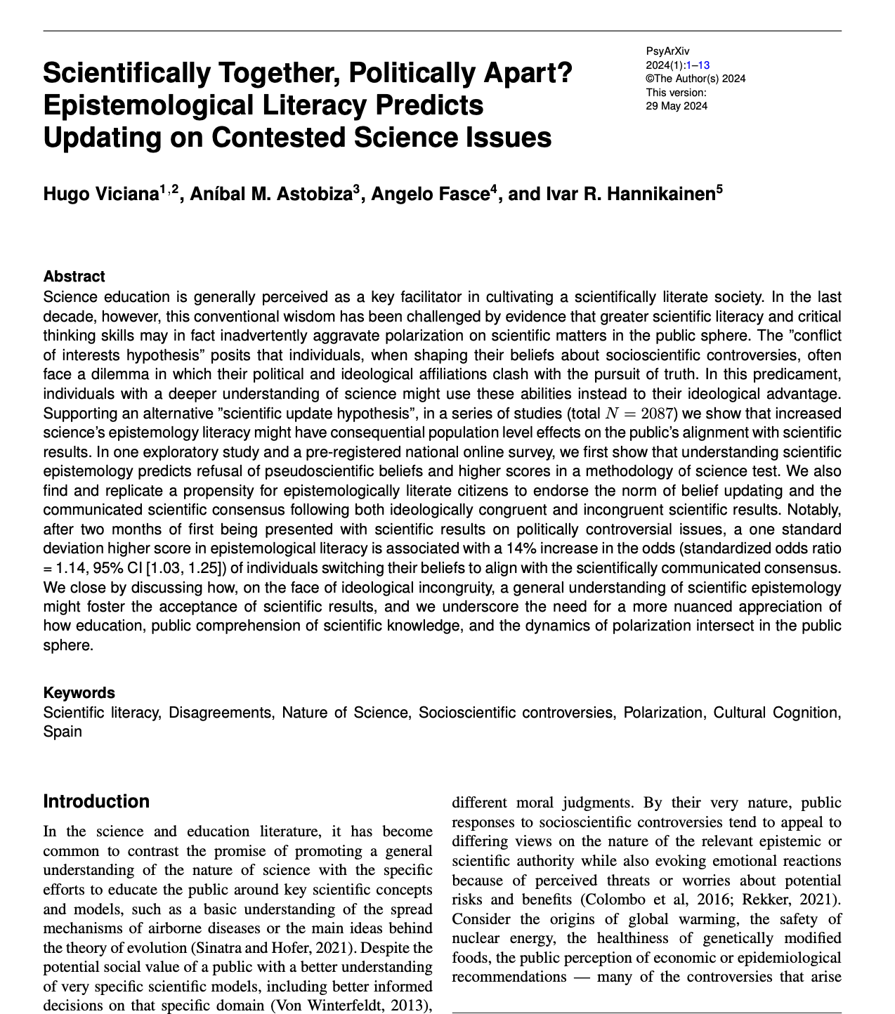 Scientifically together, politically apart? Epistemological literacy predicts updating on contested science issues